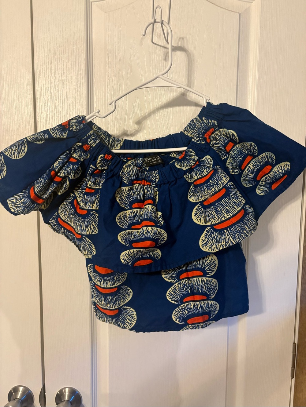 Navy Blue Off-Shoulder Top with Orange Print